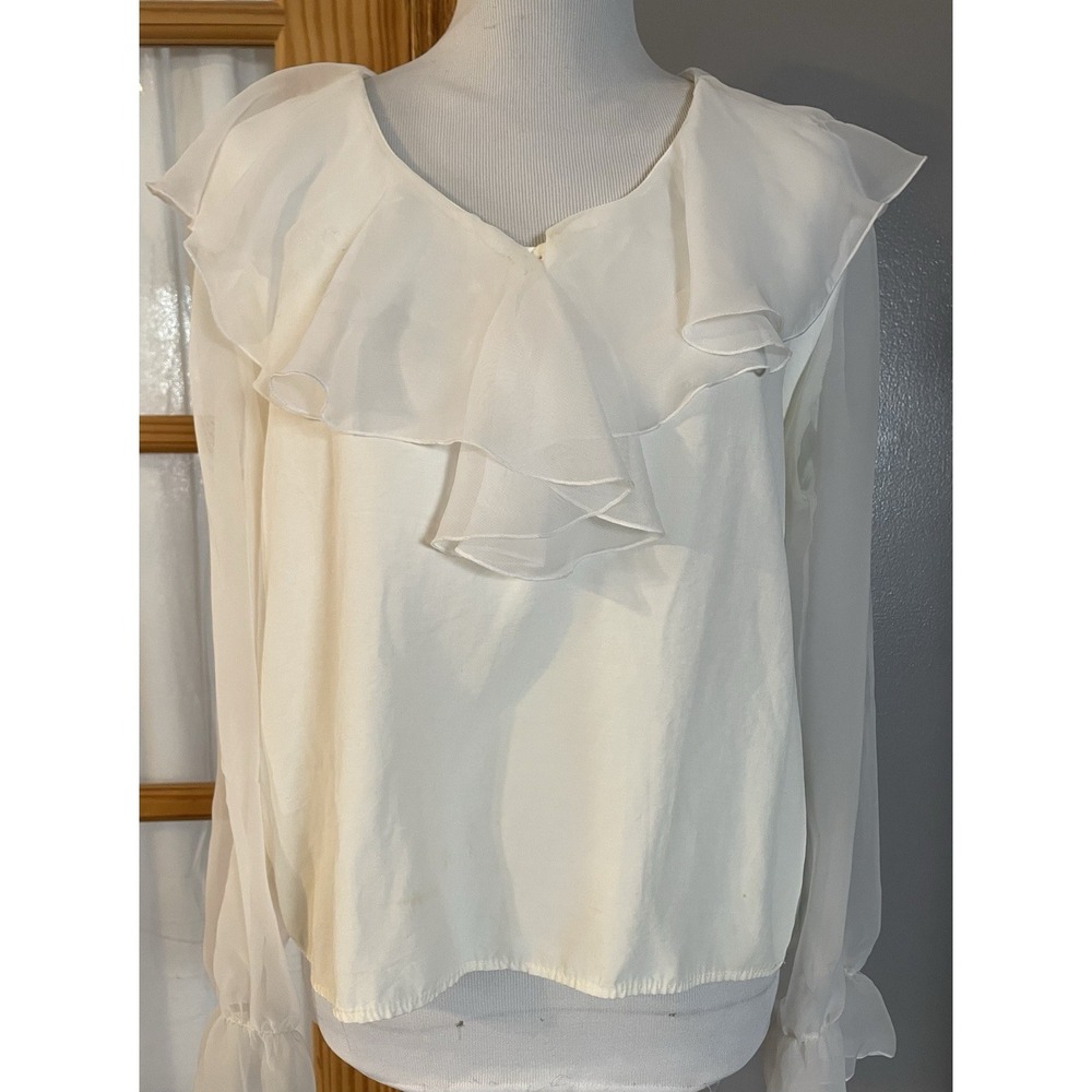 70s Bentley Ruffled Blouse Sz M White Sheer Long Sleeve Career Party USA Made